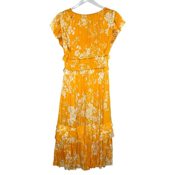 Current Air S Anthropologie Ruffled Sleeve Yellow Floral Midi Dress Silky - Picture 2 of 8